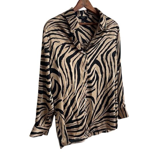 Haver London Animal Print Satin Long Sleeve Button Front Blouse Tan Black Sz XS - Picture 3 of 9
